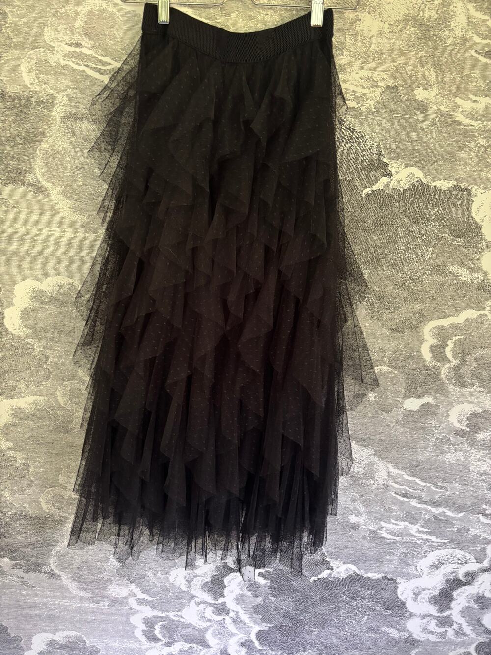NWT Antropologie Tulle Ruffle Long Skirt Black Party  XS